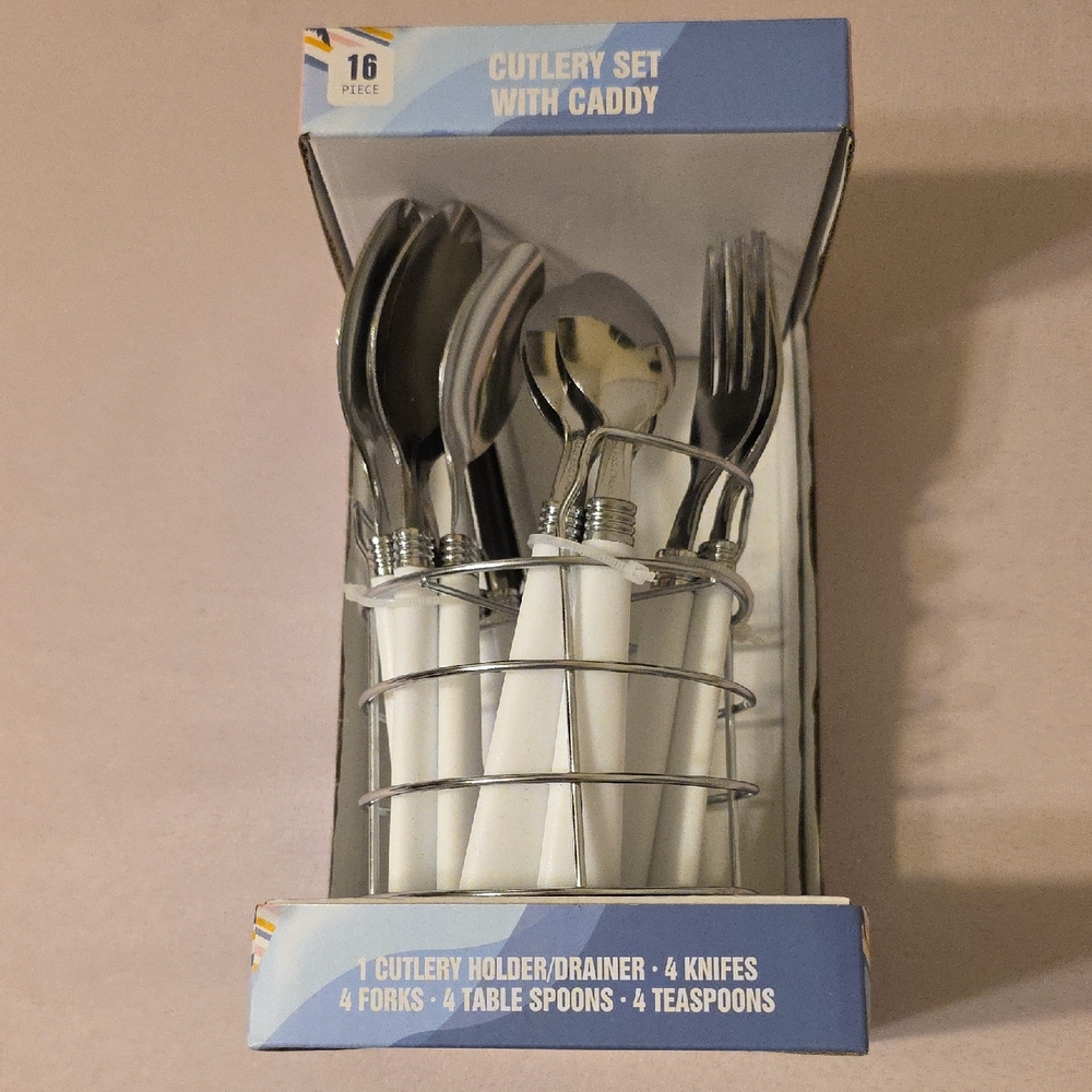 16-Piece White Cutlery Set with Caddy Brand New